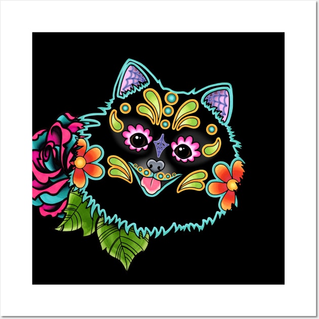 Pomeranian in Black - Day of the Dead Sugar Skull Dog Wall Art by prettyinink